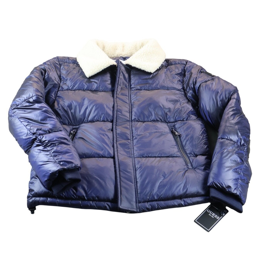 Guess Cassidy Puffer Quilted Jacket Mens Small Navy Sherpa‎ Collar Winter Coat